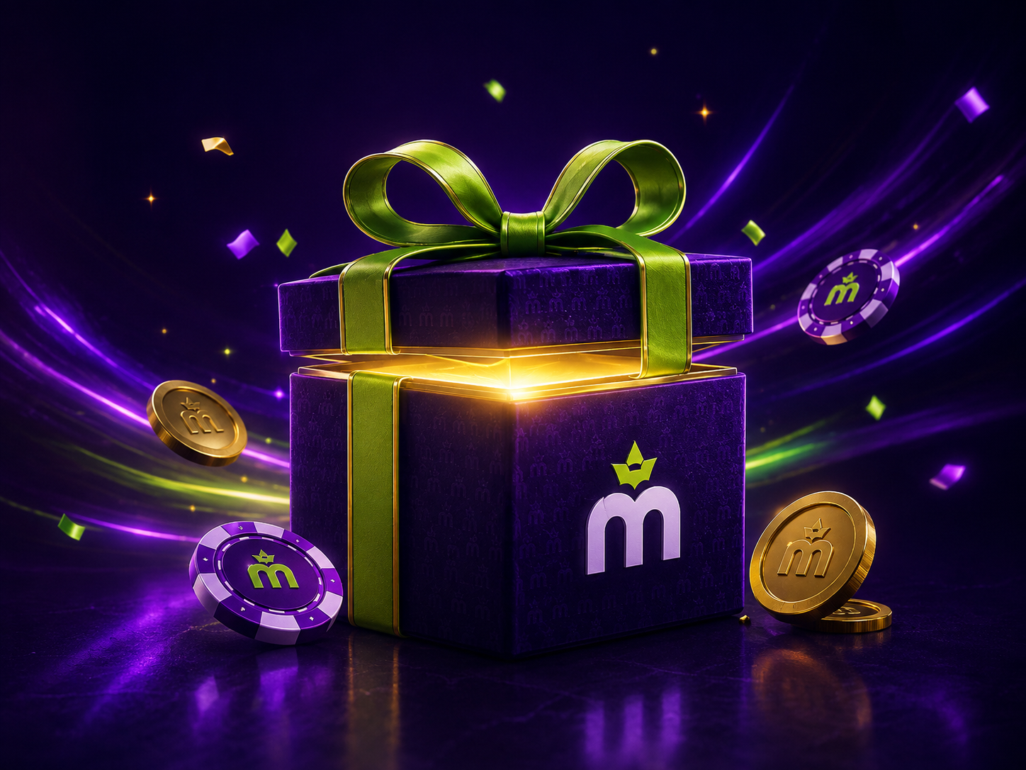 Ilustración de una caja de regalo dorada que representa el bono de bienvenida de MaxWin Casino