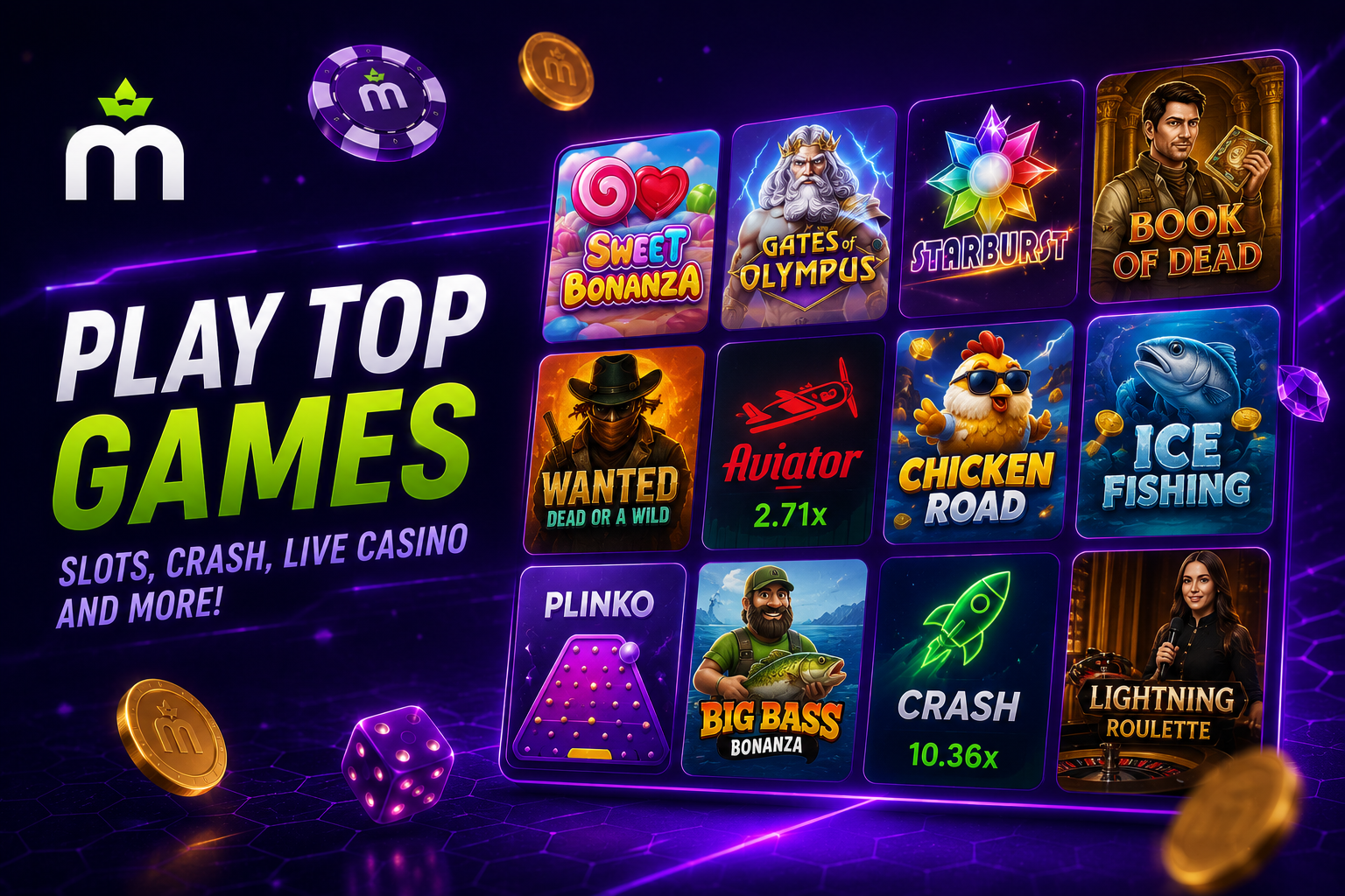 Ilustración de una cuadrícula con tragamonedas y mesas de casino en vivo de MaxWin Casino