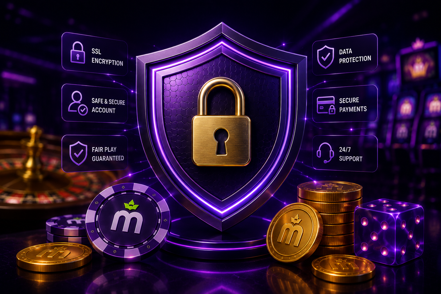Ilustración de un candado y un escudo representando la seguridad de la cuenta en MaxWin Casino